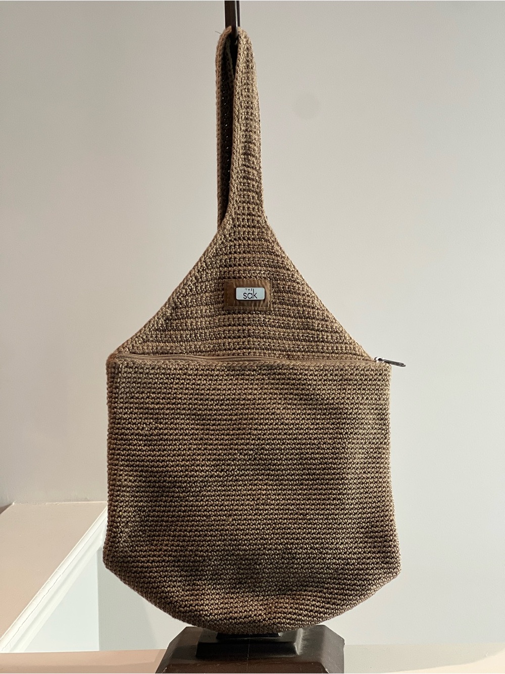 The Sak Handcrafted Crochet Shoulder Bag Taupe Knit Hobo Purse Zip Closure Boho